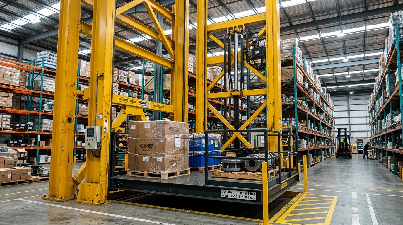 Video: 5-Ton Dual Mast Hydraulic Goods Lift Load & Safety Drop Test