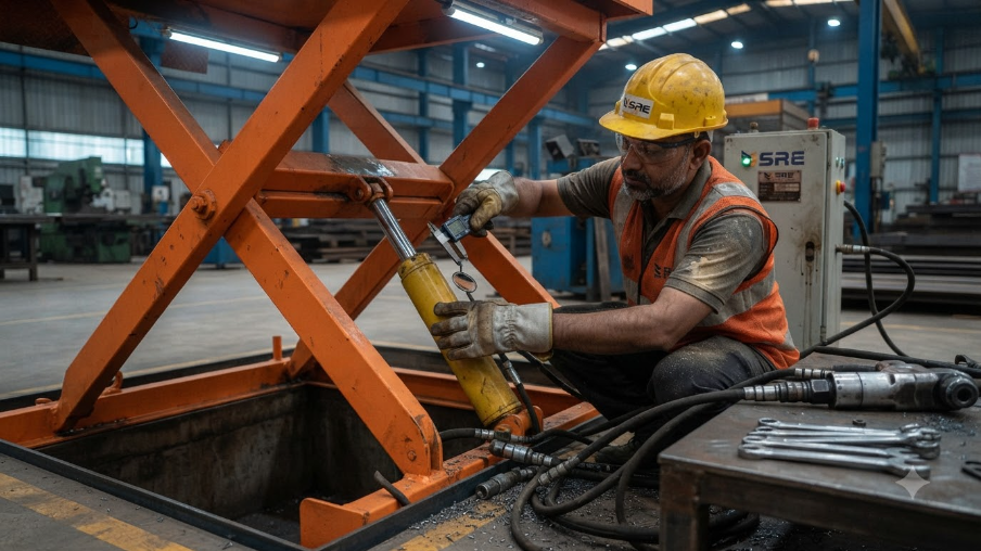 engineer inspecting scissor lift hydraulic assembly